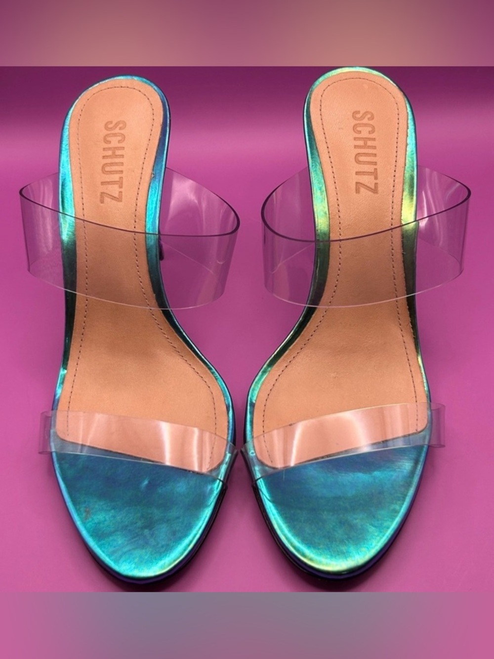 Schutz Ariella Iridescent Metallic Clear Strap Stiletto Slide Sandals Blue 7.5B